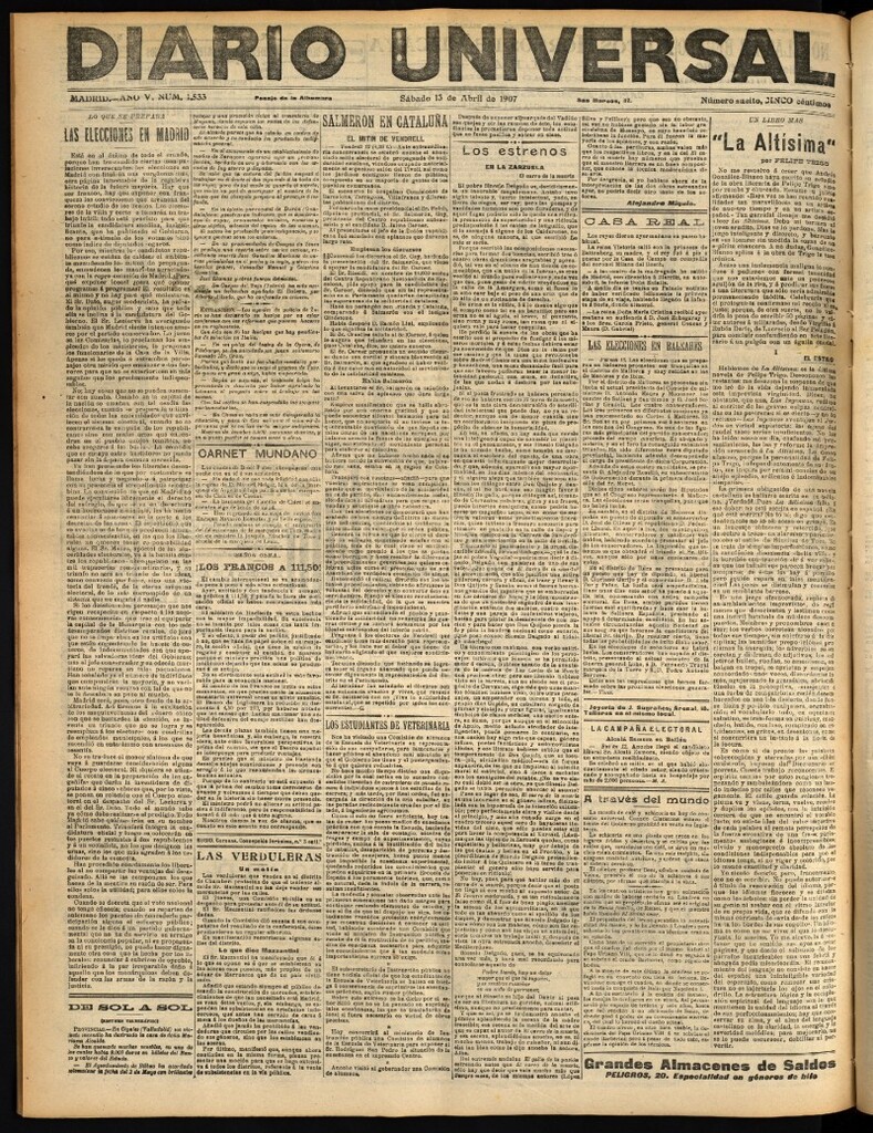 Miniatura de Diario Universal del 13 de abril de 1907, edición de tarde