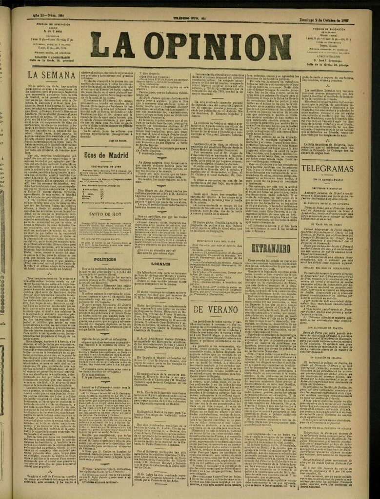 Miniatura de La Opinión del 2 de octubre de 1887, nº 504