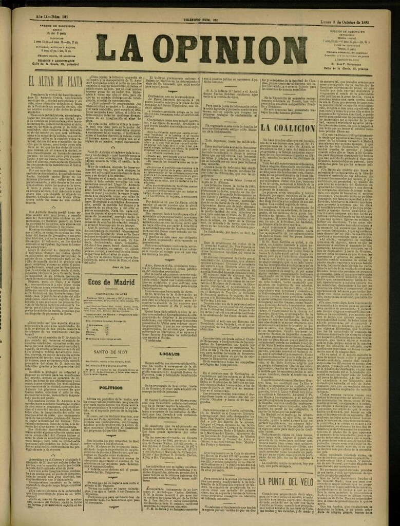 Miniatura de La Opinión del 3 de octubre de 1887, nº 505