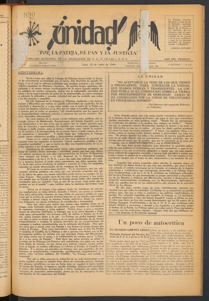 Miniatura de ¡Unidad! : órgano quincenal de la delegación de F.E.T. de las J.O.N.S. del 15 de junio de 1940