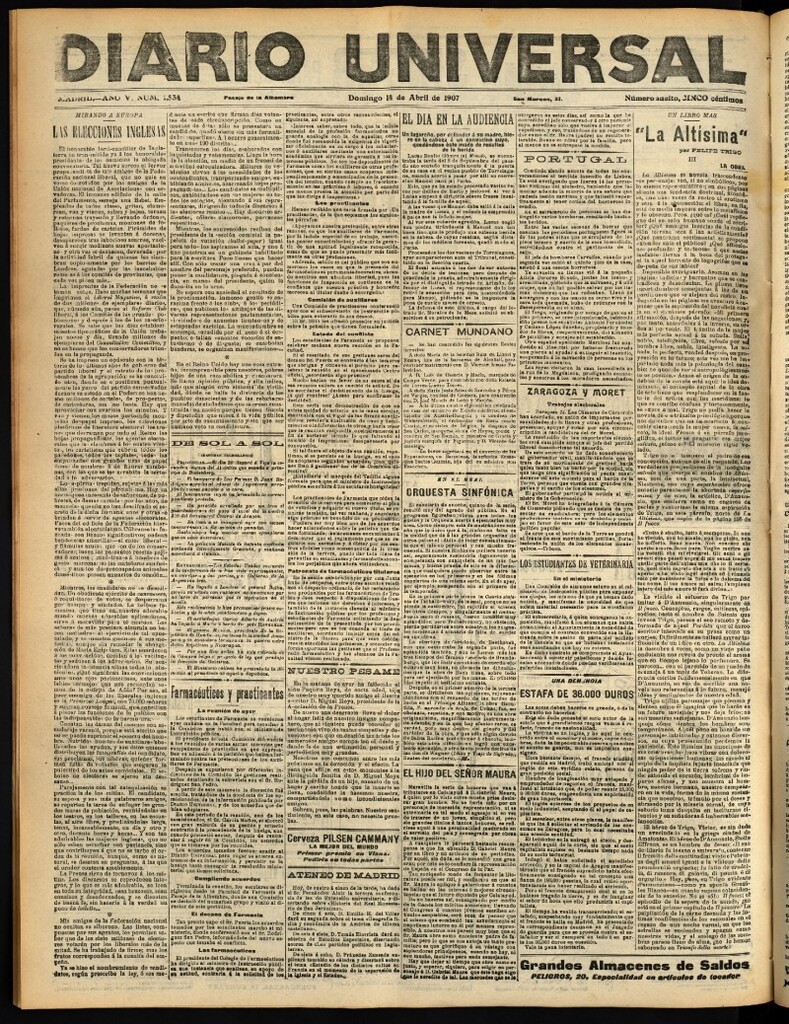 Miniatura de Diario Universal del 14 de abril de 1907, edición de tarde