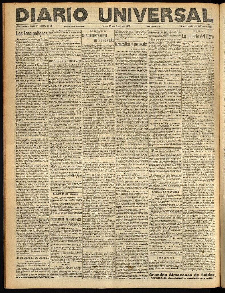 Miniatura de Diario Universal del 15 de abril de 1907, edición de tarde