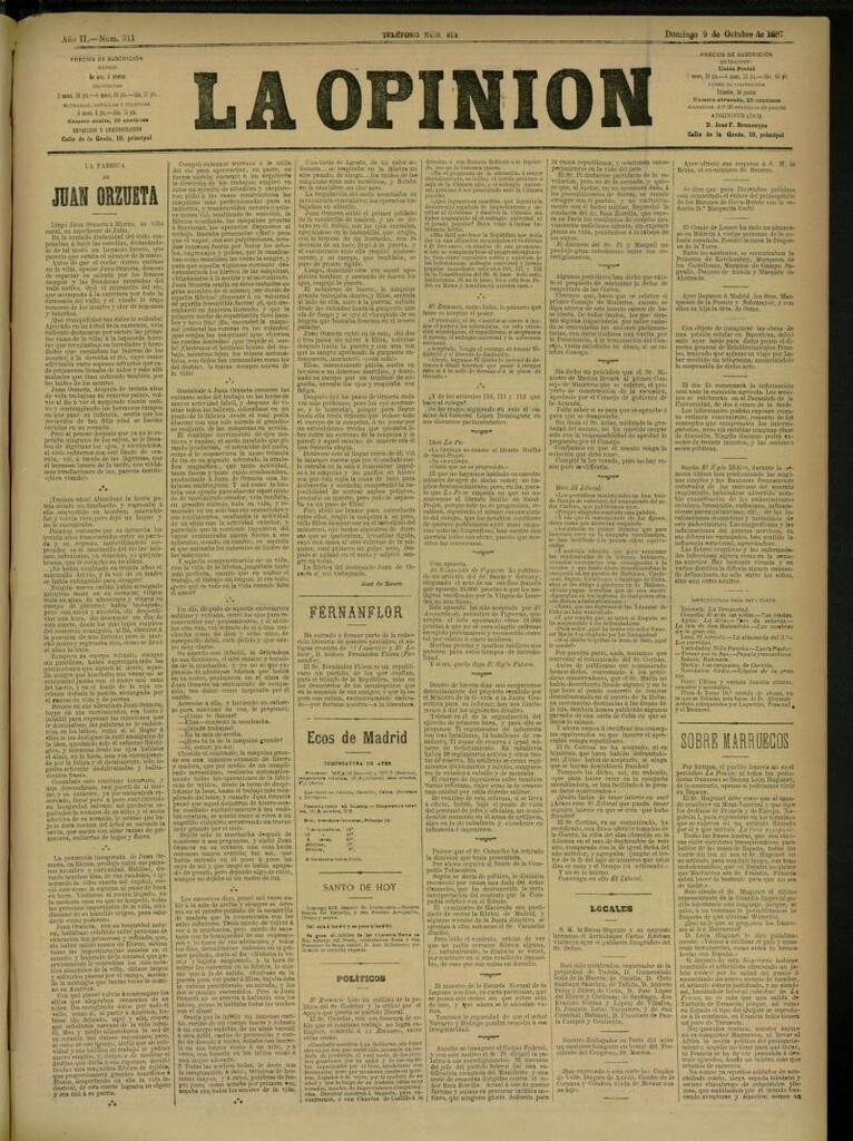 Miniatura de La Opinión del 9 de octubre de 1887, nº 511