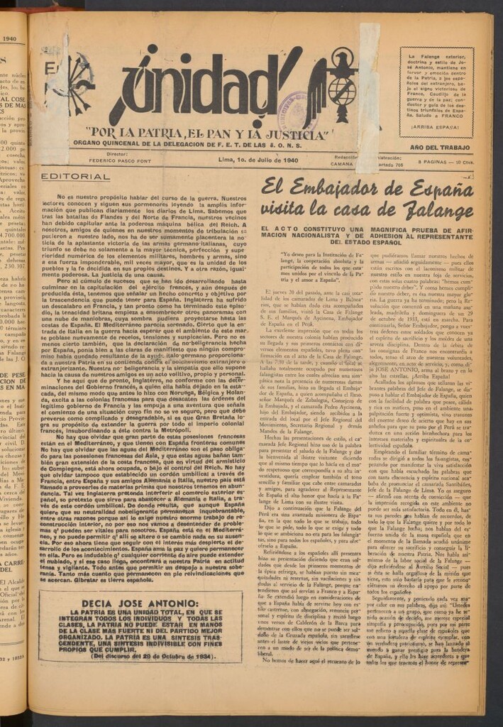 Miniatura de ¡Unidad! : órgano quincenal de la delegación de F.E.T. de las J.O.N.S. del 1 de julio de 1940