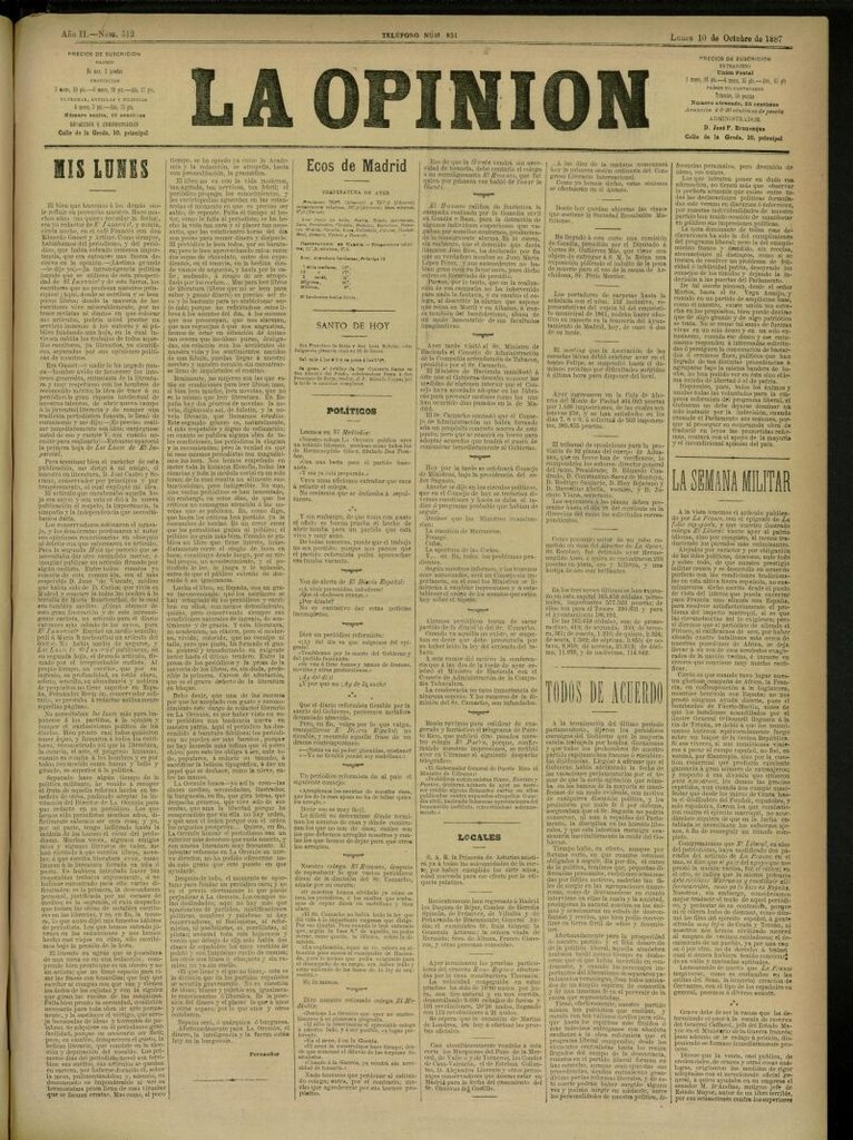 Miniatura de La Opinión del 10 de octubre de 1887, nº 512