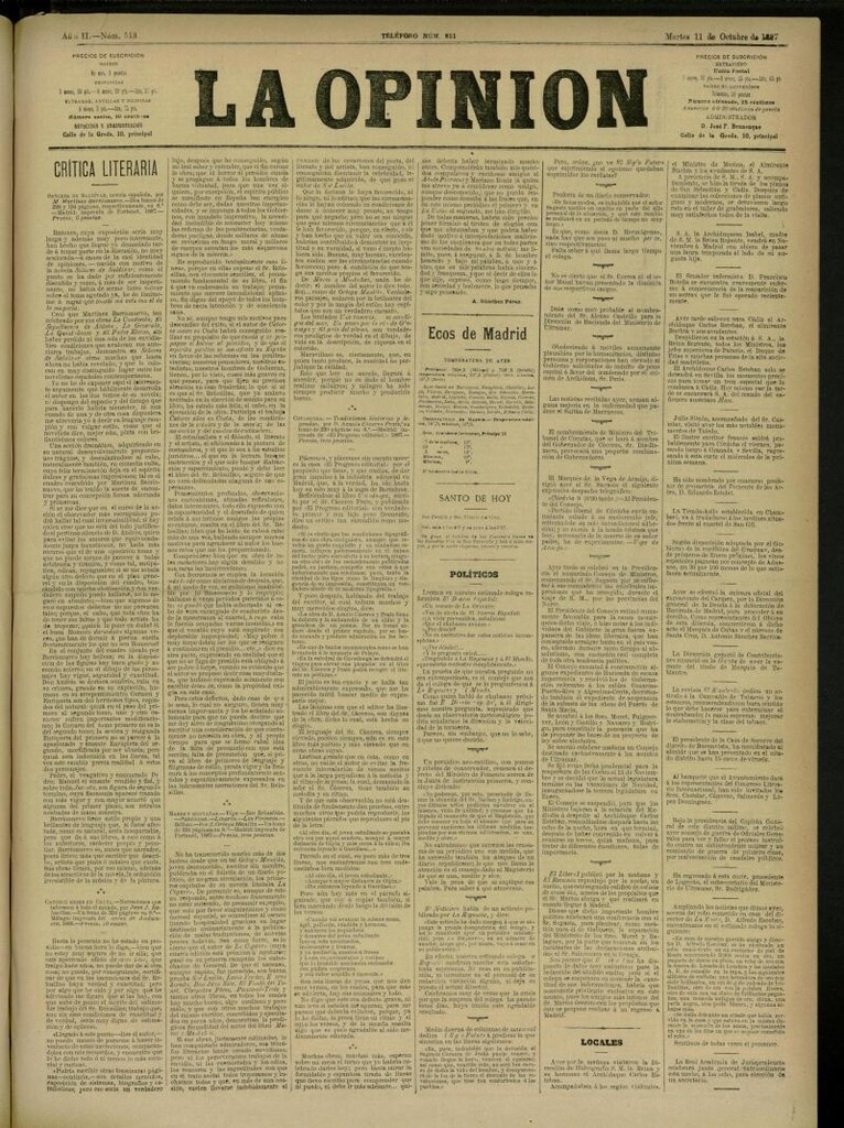 Miniatura de La Opinión del 11 de octubre de 1887, nº 513