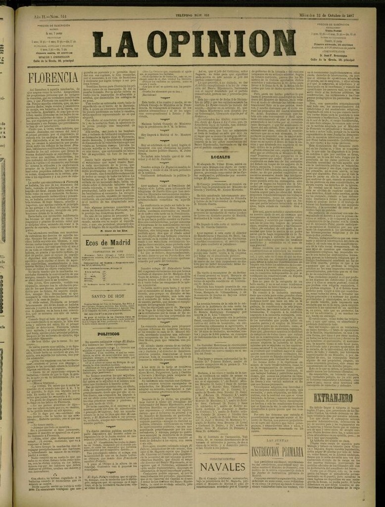 Miniatura de La Opinión del 12 de octubre de 1887, nº 514