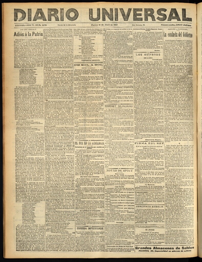 Miniatura de Diario Universal del 16 de abril de 1907, edición de tarde