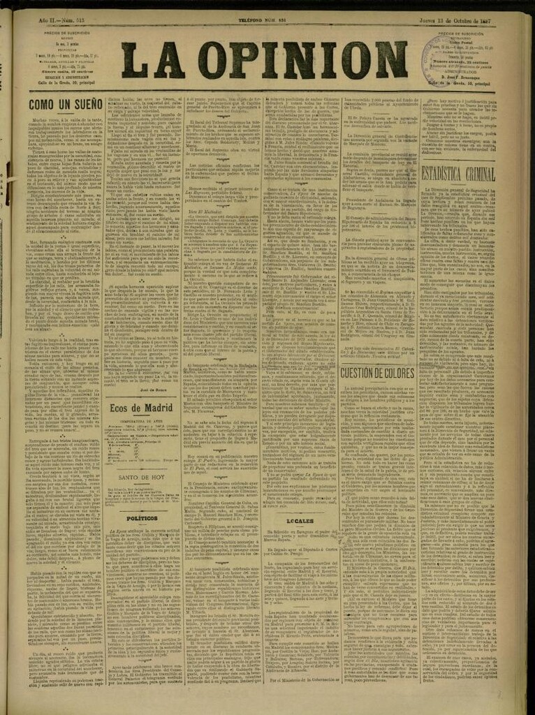Miniatura de La Opinión del 13 de octubre de 1887, nº 515