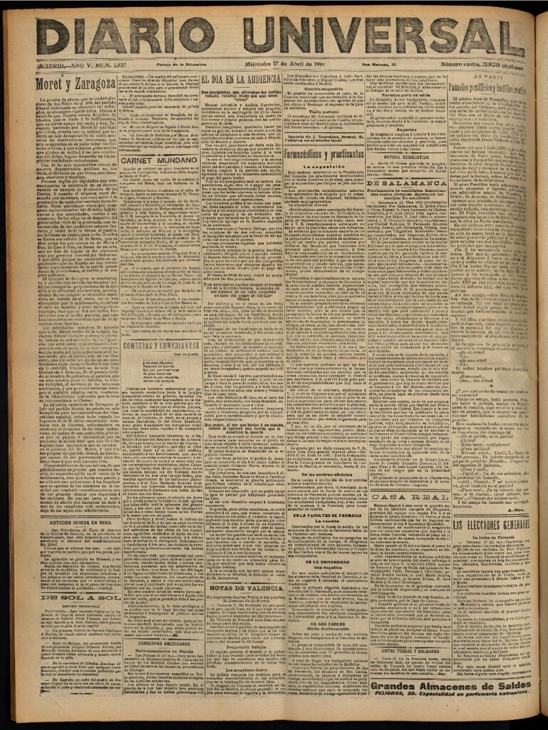 Miniatura de Diario Universal del 17 de abril de 1907, edición de noche
