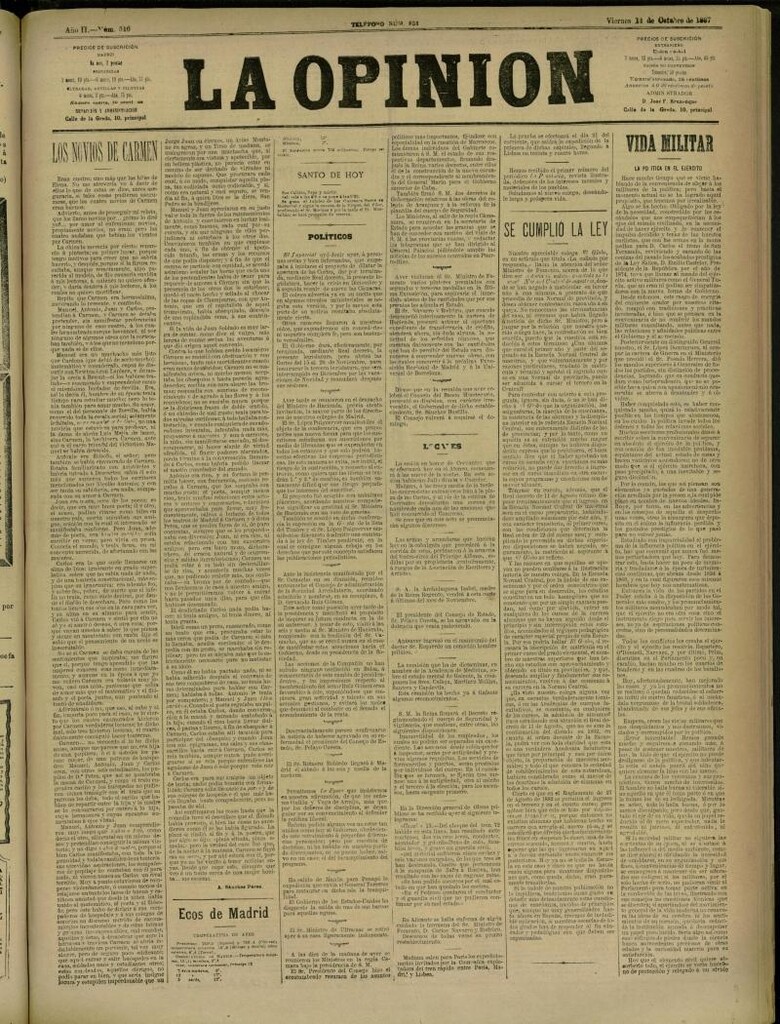 Miniatura de La Opinión del 14 de octubre de 1887, nº 516
