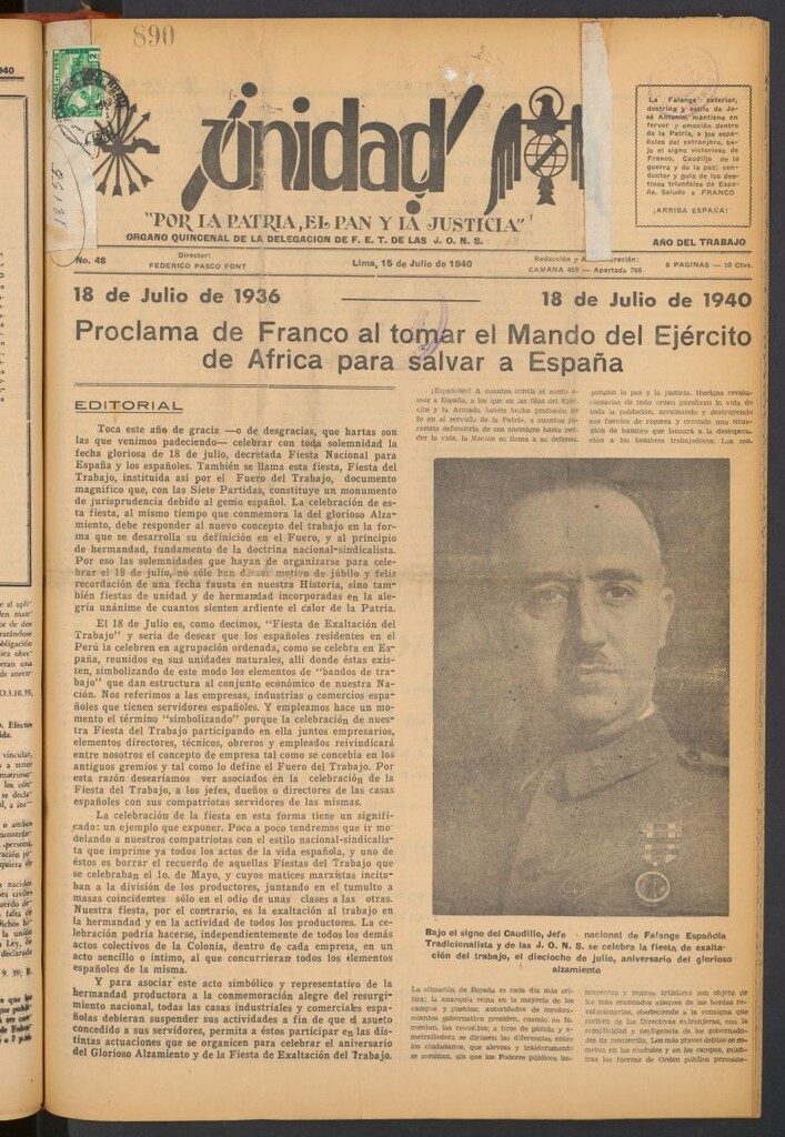Miniatura de ¡Unidad! : órgano quincenal de la delegación de F.E.T. de las J.O.N.S. del 15 de julio de 1940