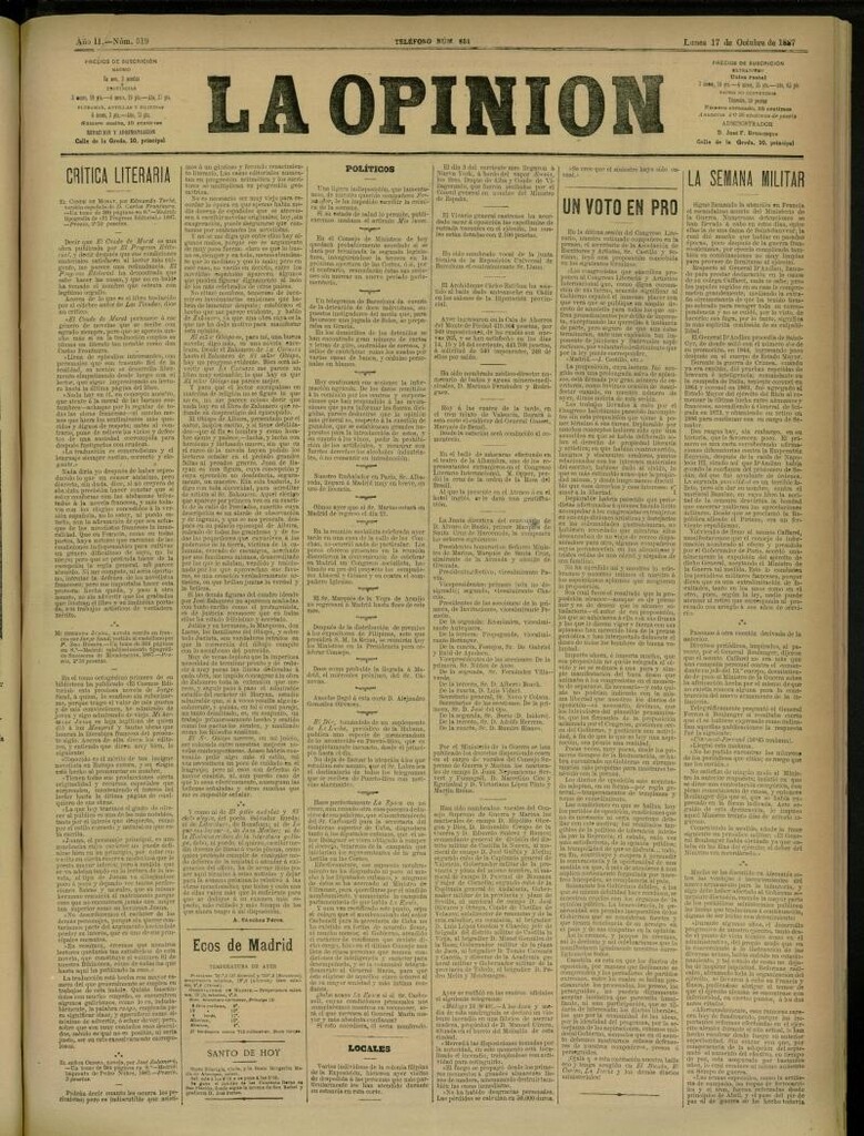Miniatura de La Opinión del 17 de octubre de 1887, nº 519