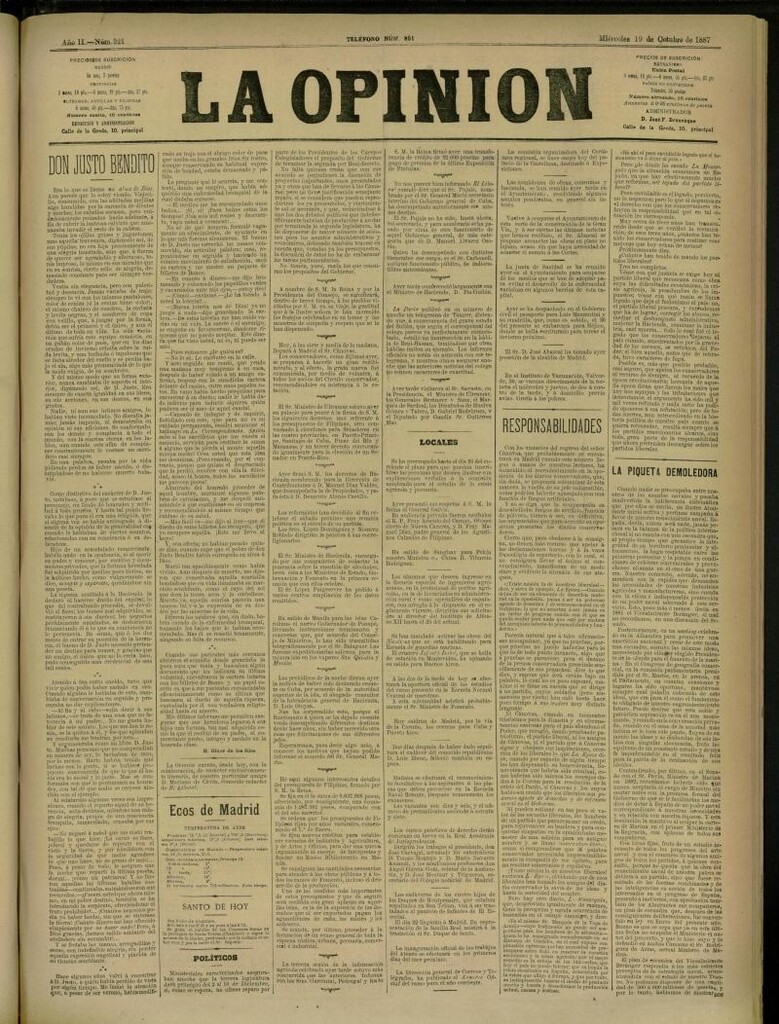 Miniatura de La Opinión del 19 de octubre de 1887, nº 521