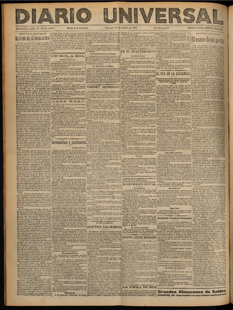 Miniatura de Diario Universal del 19 de abril de 1907, edición de noche