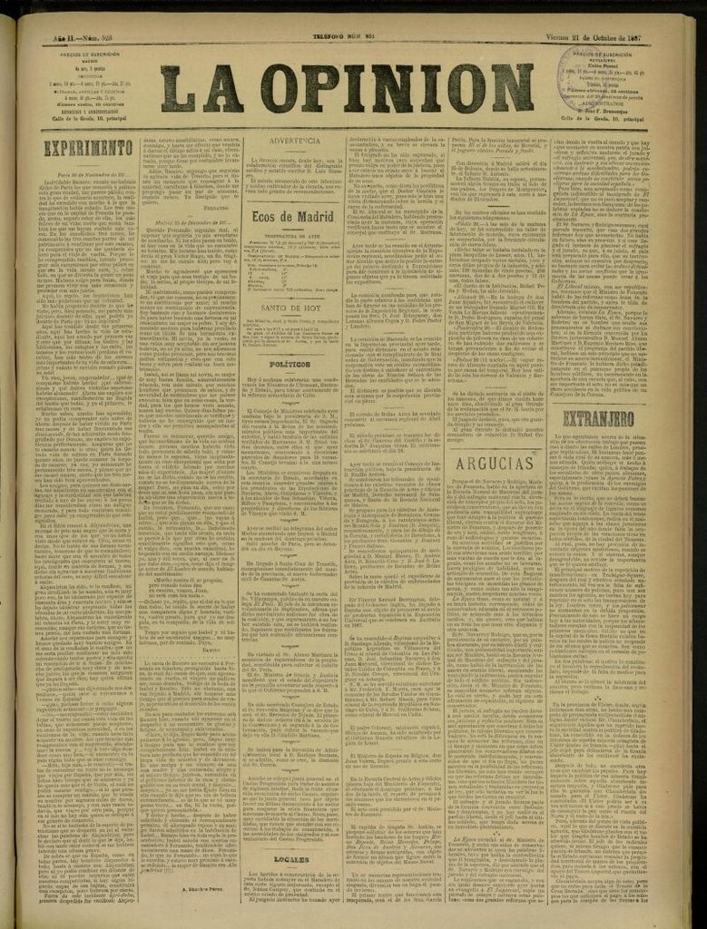 Miniatura de La Opinión del 21 de octubre de 1887, nº 523