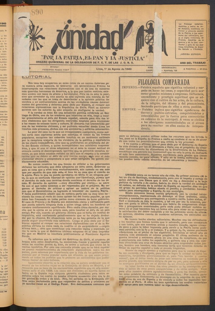 Miniatura de ¡Unidad! : órgano quincenal de la delegación de F.E.T. de las J.O.N.S. del 1 de agosto de 1940
