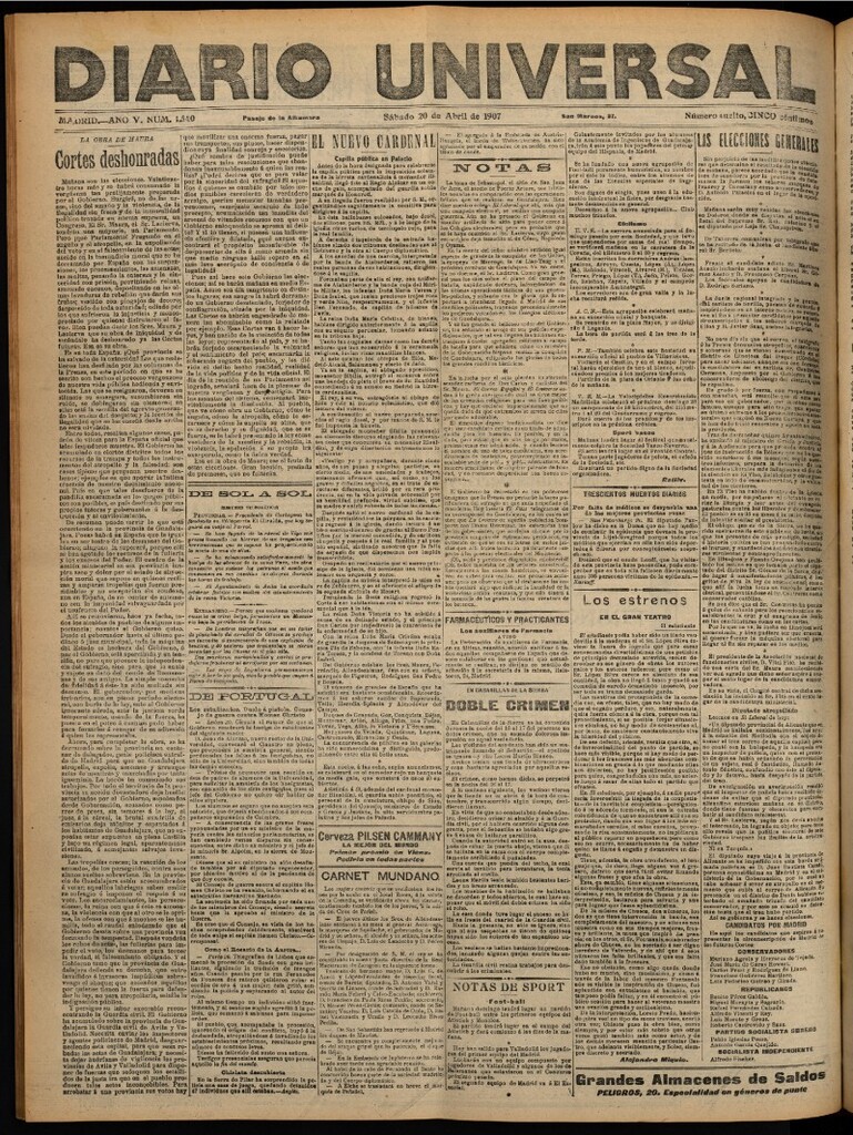 Miniatura de Diario Universal del 20 de abril de 1907, edición de noche
