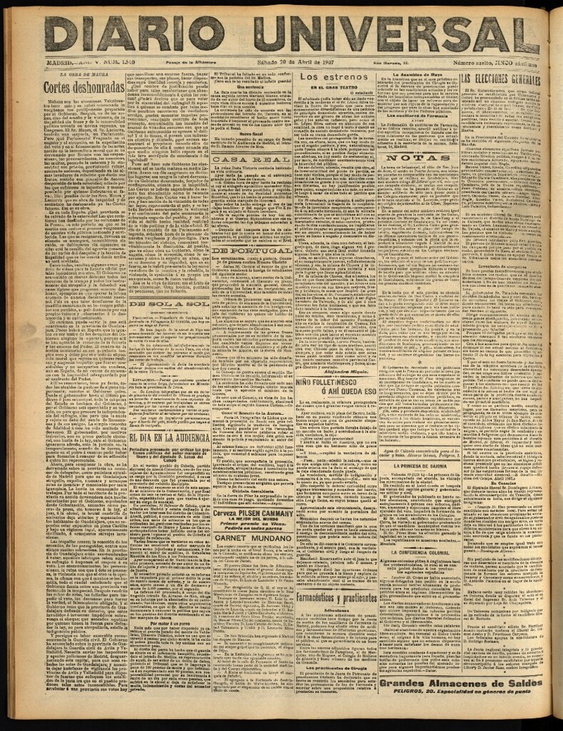 Miniatura de Diario Universal del 20 de abril de 1907, edición de tarde