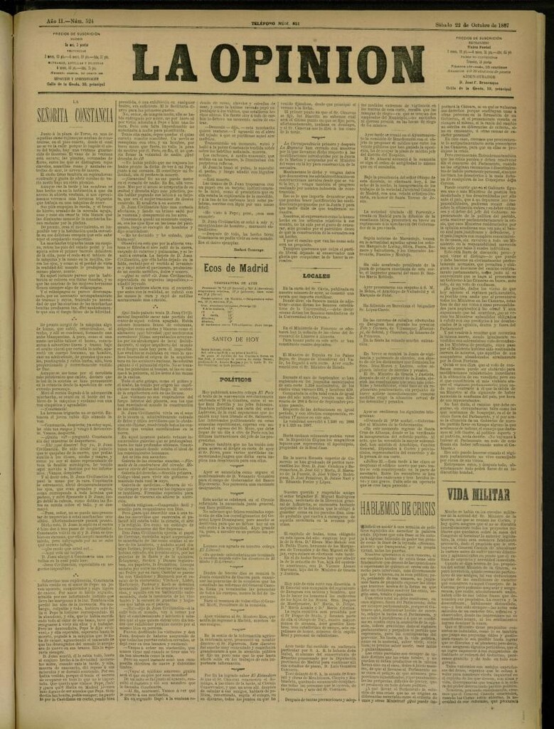 Miniatura de La Opinión del 22 de octubre de 1887, nº 524