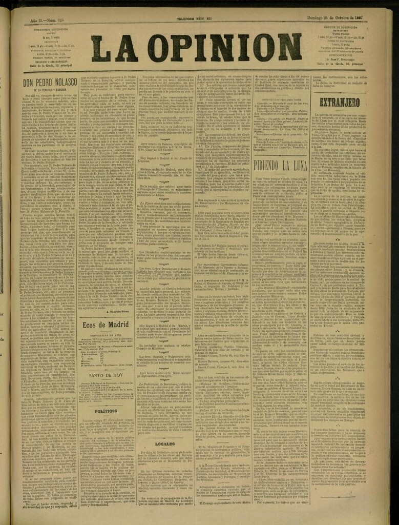Miniatura de La Opinión del 23 de octubre de 1887, nº 525