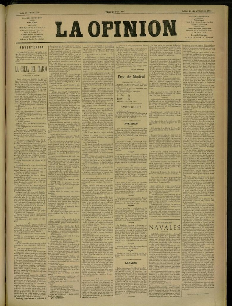 Miniatura de La Opinión del 24 de octubre de 1887, nº 526