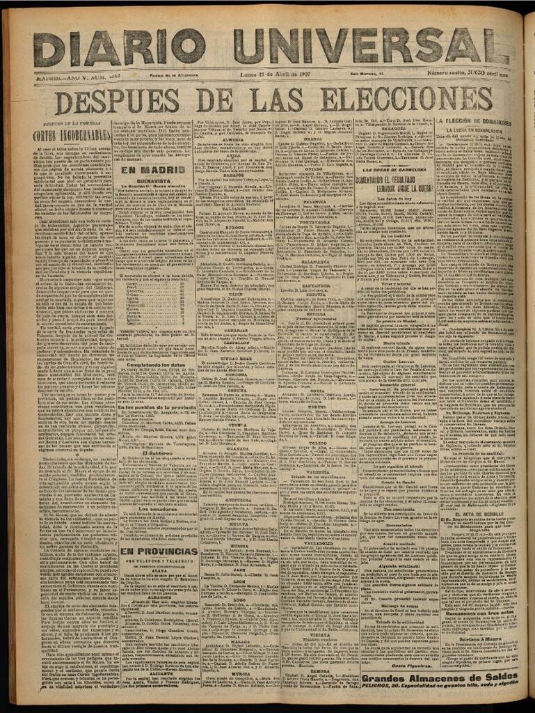Miniatura de Diario Universal del 22 de abril de 1907, edición de noche