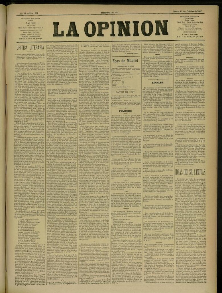 Miniatura de La Opinión del 25 de octubre de 1887, nº 527