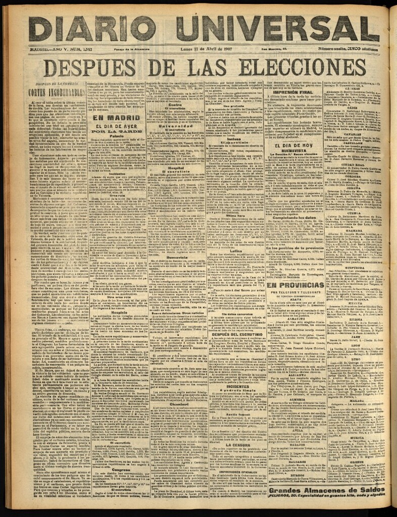 Miniatura de Diario Universal del 22 de abril de 1907, edición de tarde