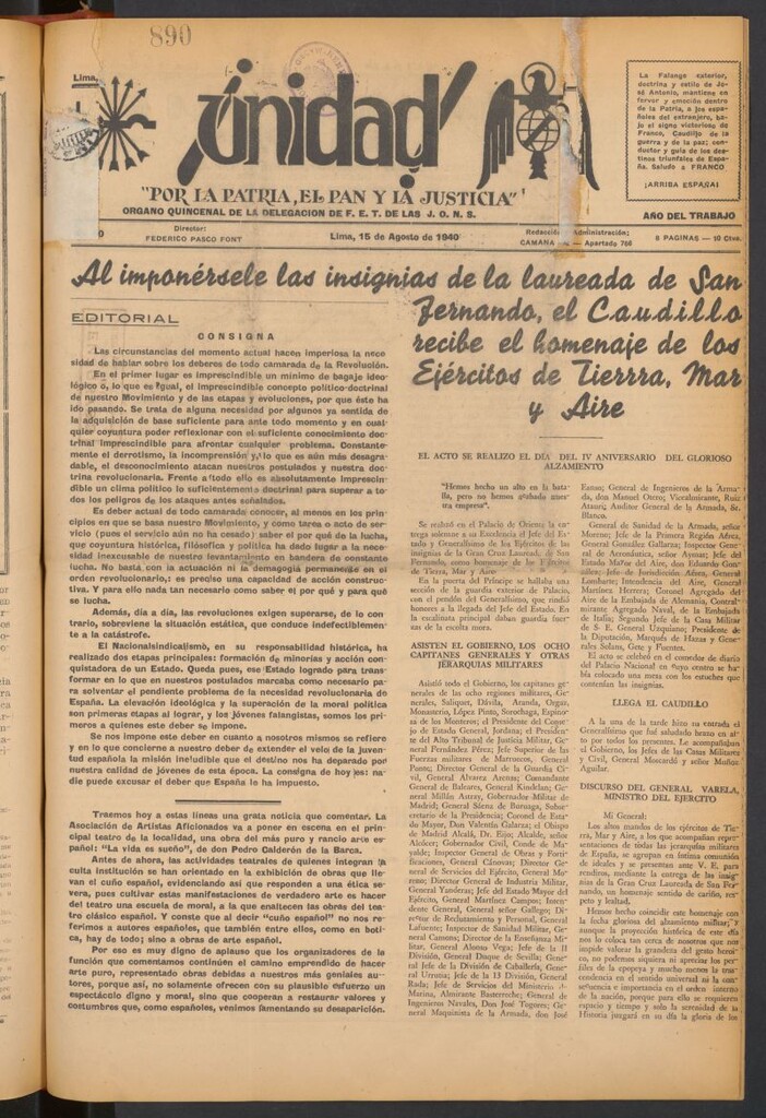 Miniatura de ¡Unidad! : órgano quincenal de la delegación de F.E.T. de las J.O.N.S. del 15 de agosto de 1940