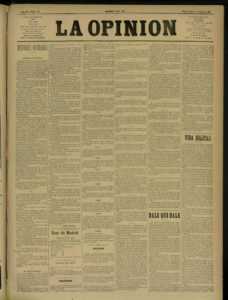 Miniatura de La Opinión del 29 de octubre de 1887, nº 531