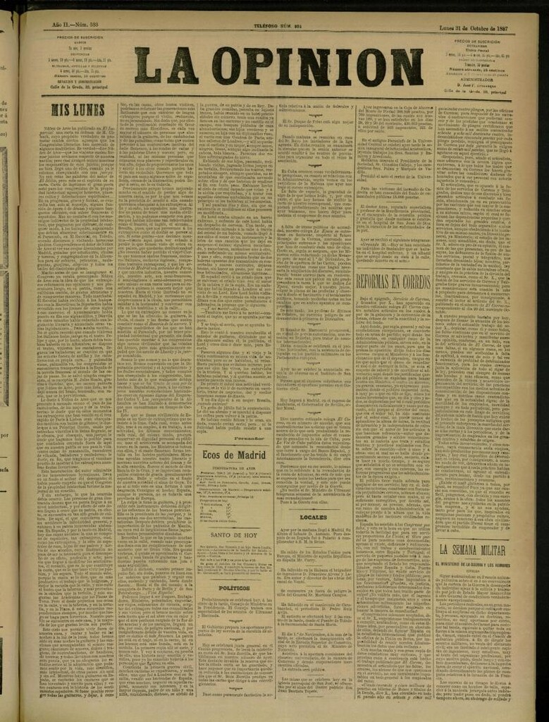 Miniatura de La Opinión del 31 de octubre de 1887, nº 533