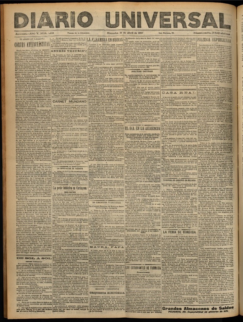 Miniatura de Diario Universal del 24 de abril de 1907, edición de noche