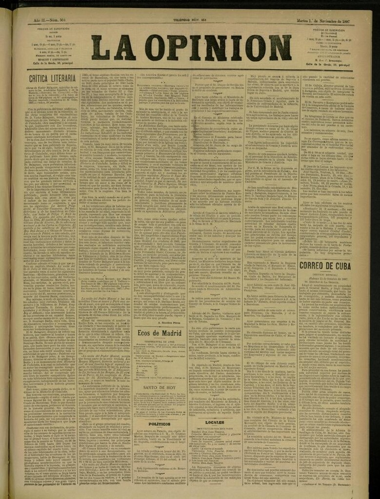 Miniatura de La Opinión del 1 de noviembre de 1887, nº 534
