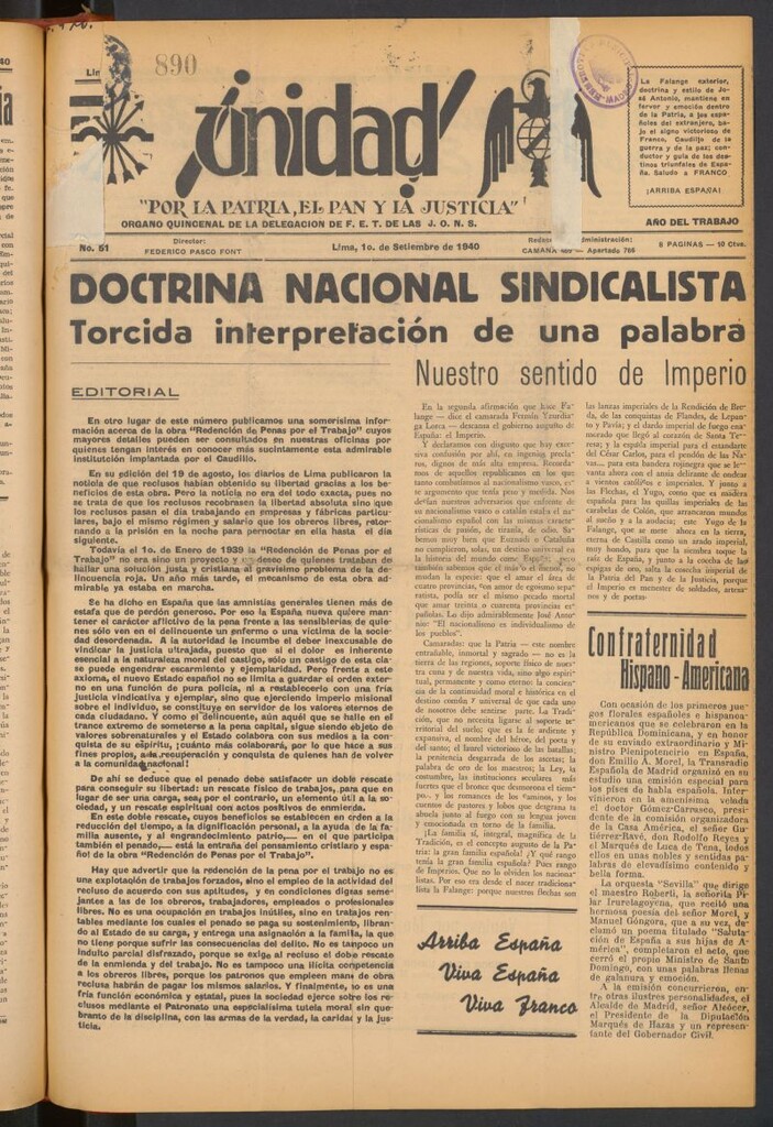 Miniatura de ¡Unidad! : órgano quincenal de la delegación de F.E.T. de las J.O.N.S. del 1 de septiembre de 1940
