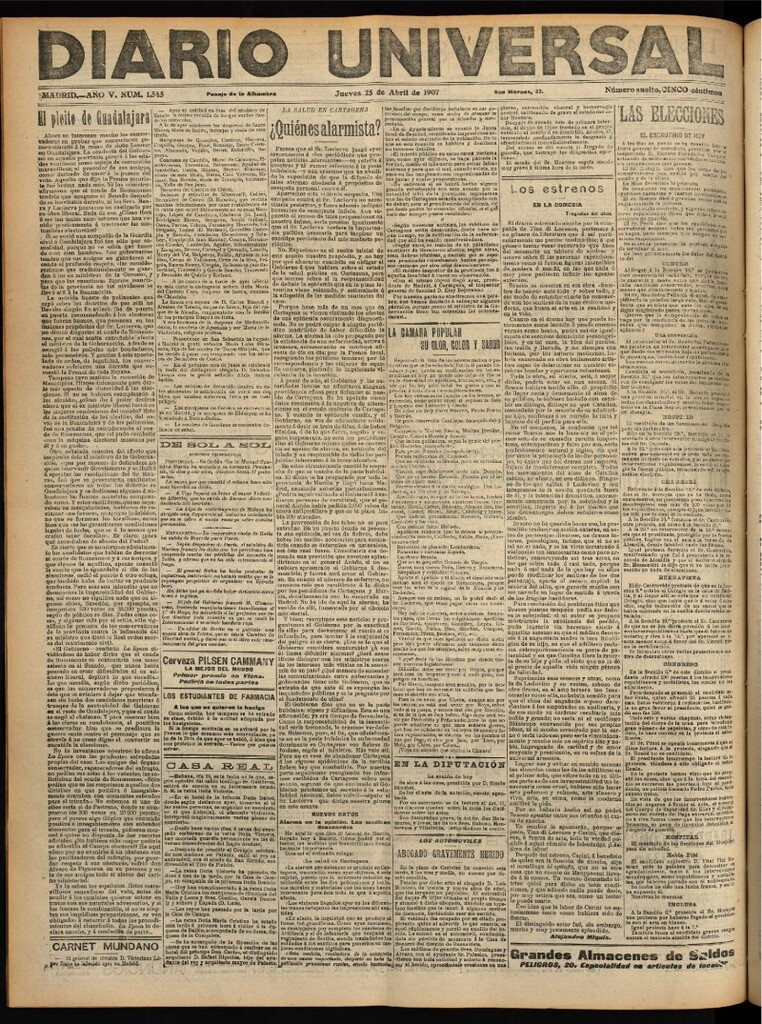 Miniatura de Diario Universal del 25 de abril de 1907, edición de noche