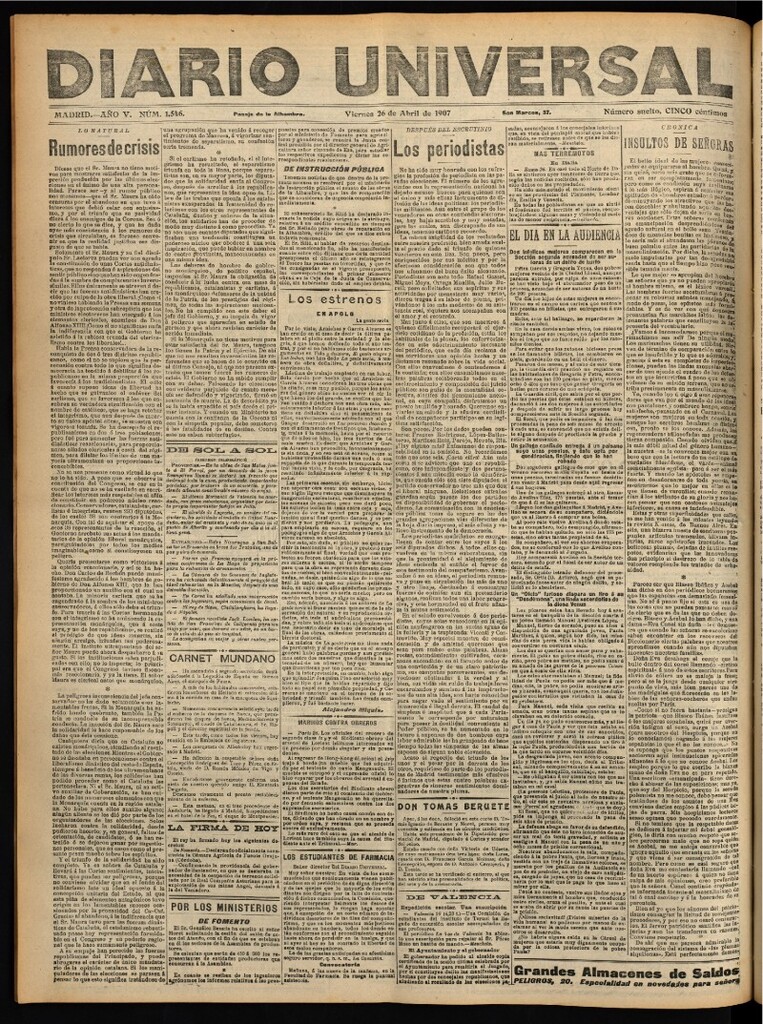 Miniatura de Diario Universal del 26 de abril de 1907, edición de noche