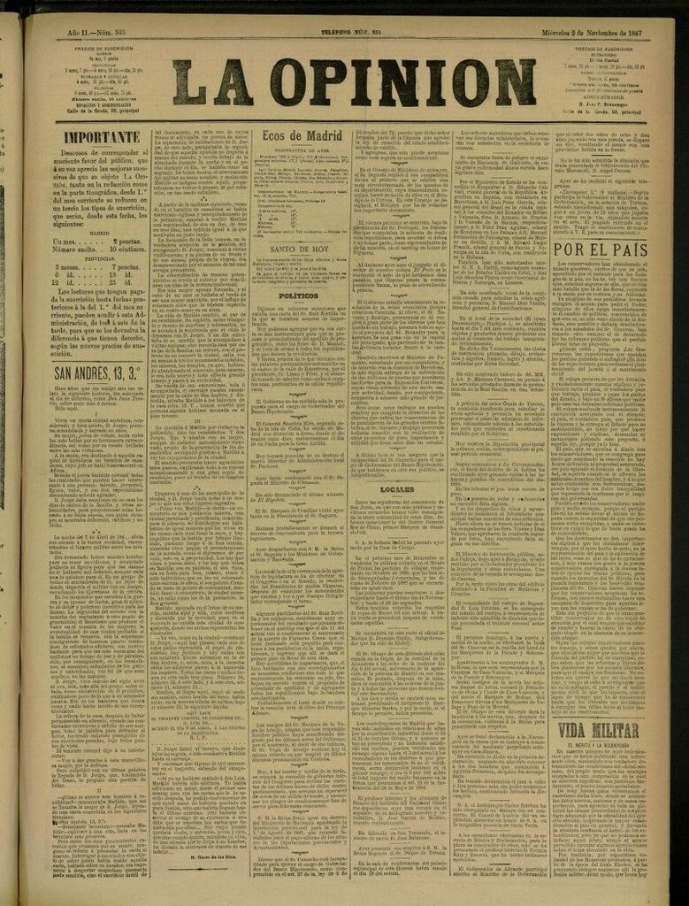 Miniatura de La Opinión del 2 de noviembre de 1887, nº 535