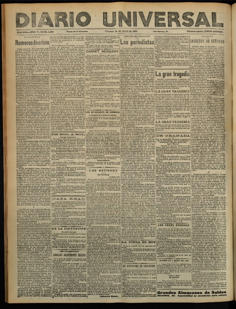 Miniatura de Diario Universal del 26 de abril de 1907, edición de tarde