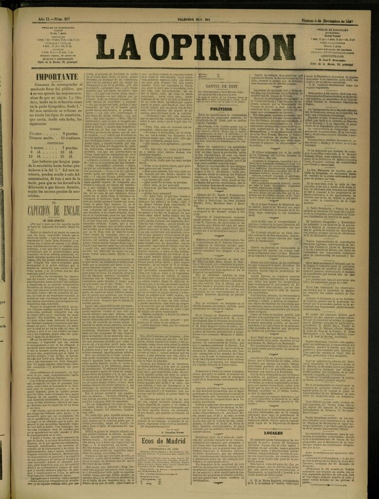 Miniatura de La Opinión del 4 de noviembre de 1887, nº 537