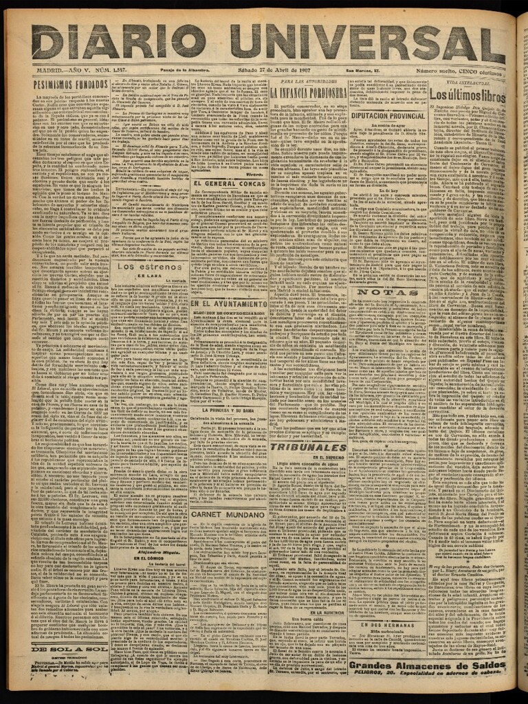 Miniatura de Diario Universal del 27 de abril de 1907, edición de noche