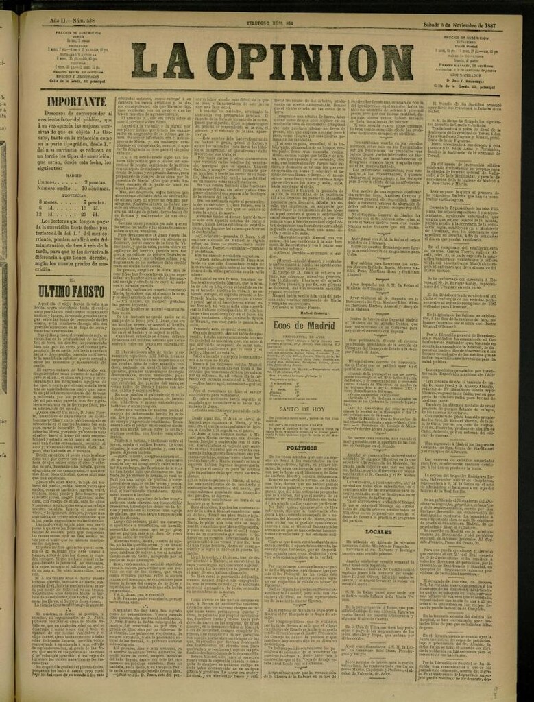 Miniatura de La Opinión del 5 de noviembre de 1887, nº 538