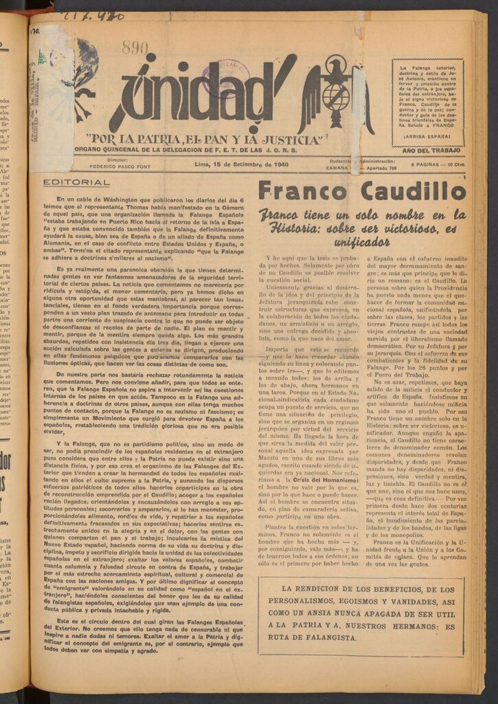 Miniatura de ¡Unidad! : órgano quincenal de la delegación de F.E.T. de las J.O.N.S. del 1 de septiembre de 1940
