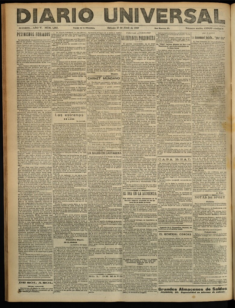 Miniatura de Diario Universal del 27 de abril de 1907, edición de tarde