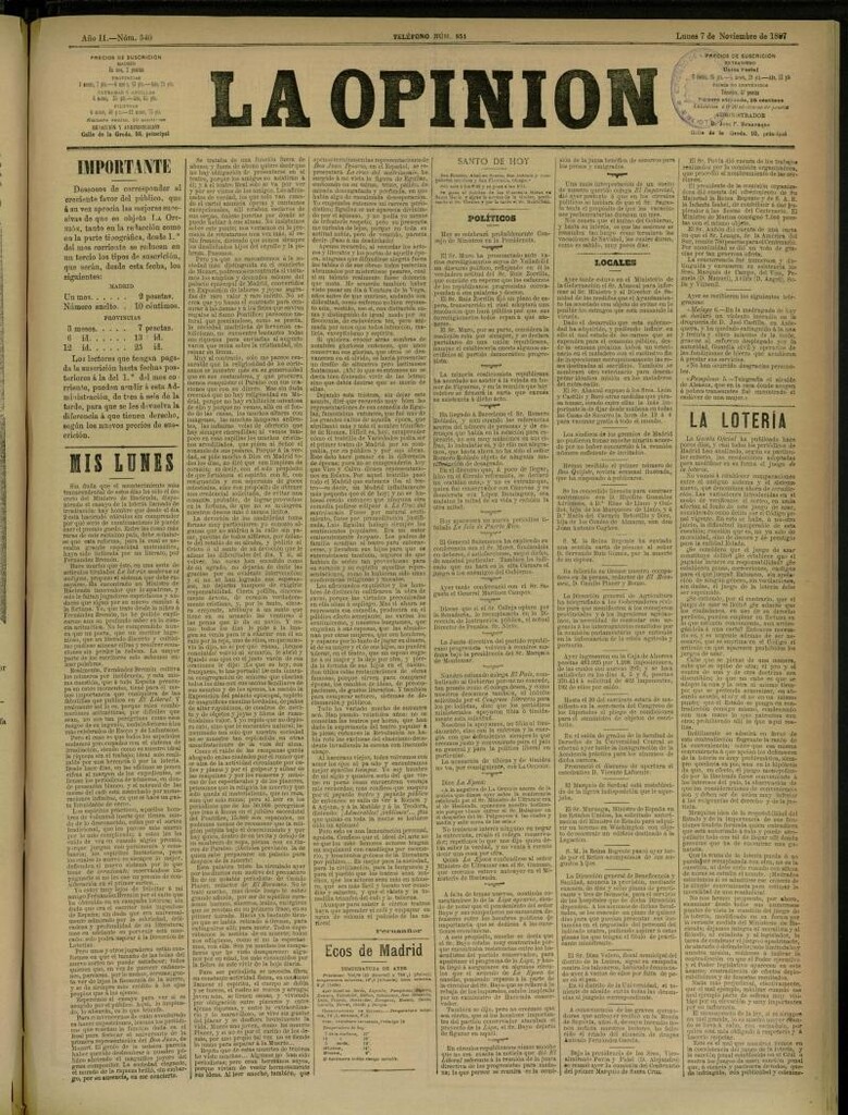 Miniatura de La Opinión del 7 de noviembre de 1887, nº 540