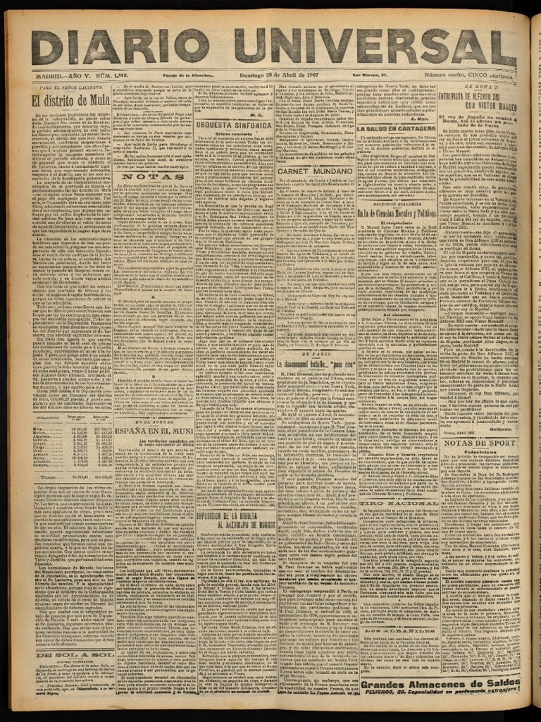Miniatura de Diario Universal del 28 de abril de 1907, edición de noche