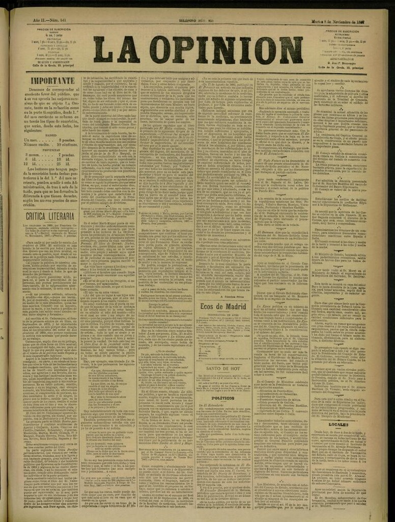 Miniatura de La Opinión del 8 de noviembre de 1887, nº 541