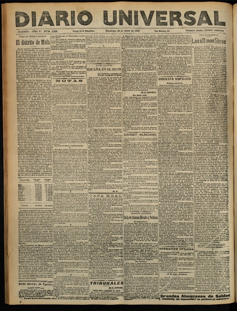 Miniatura de Diario Universal del 28 de abril de 1907, edición de tarde