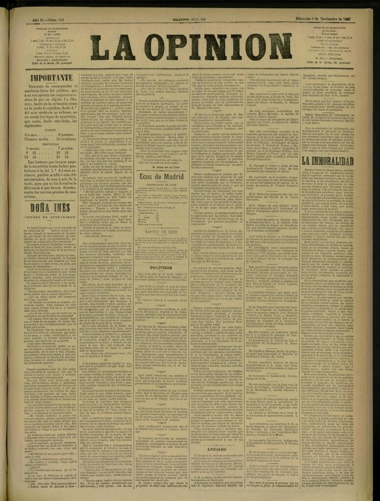 Miniatura de La Opinión del 9 de noviembre de 1887, nº 542