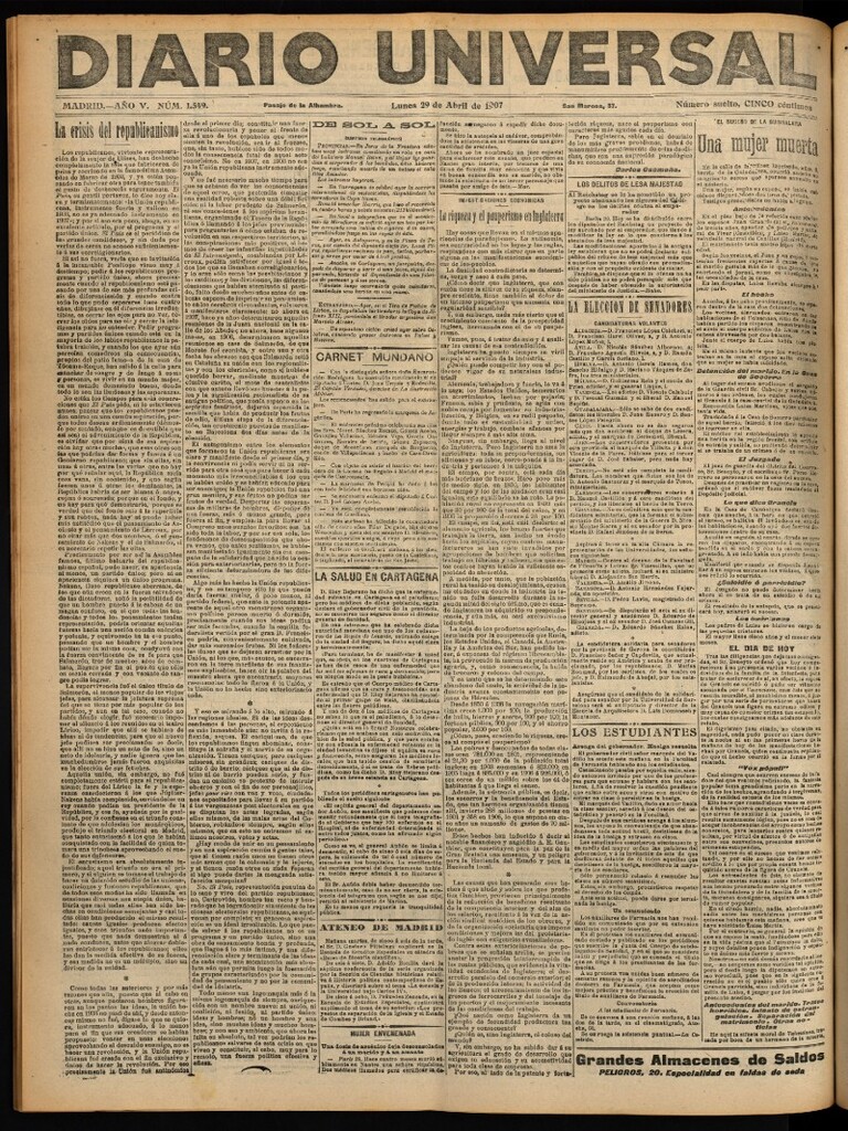 Miniatura de Diario Universal del 29 de abril de 1907, edición de noche